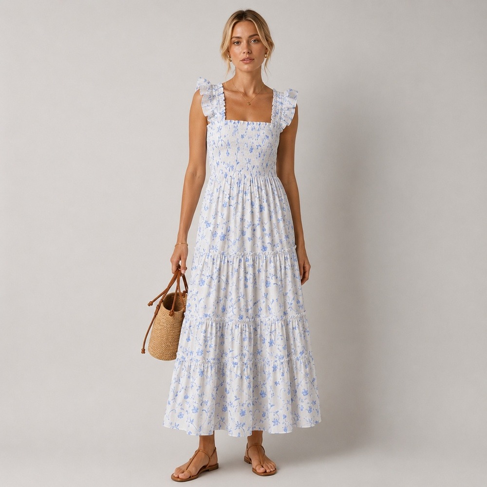 Hill House Ellie Nap Dress Blue Botanical Sz L Smocked Midi